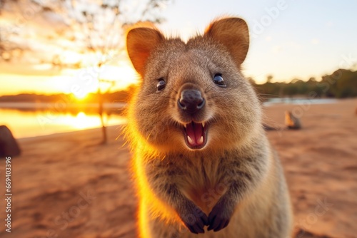 Endearing quokka posing for the camera with a joyful expression. Quokka close-up during sunset with serene lake background. Wildlife and nature.