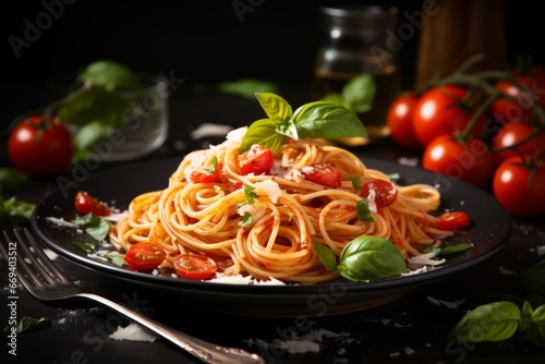 Spaghetti with tomatoes, basil and parmesan on a black table. Plate of freshly cooked spaghetti