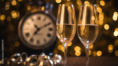 New years eve champagne with bokeh light and clock 