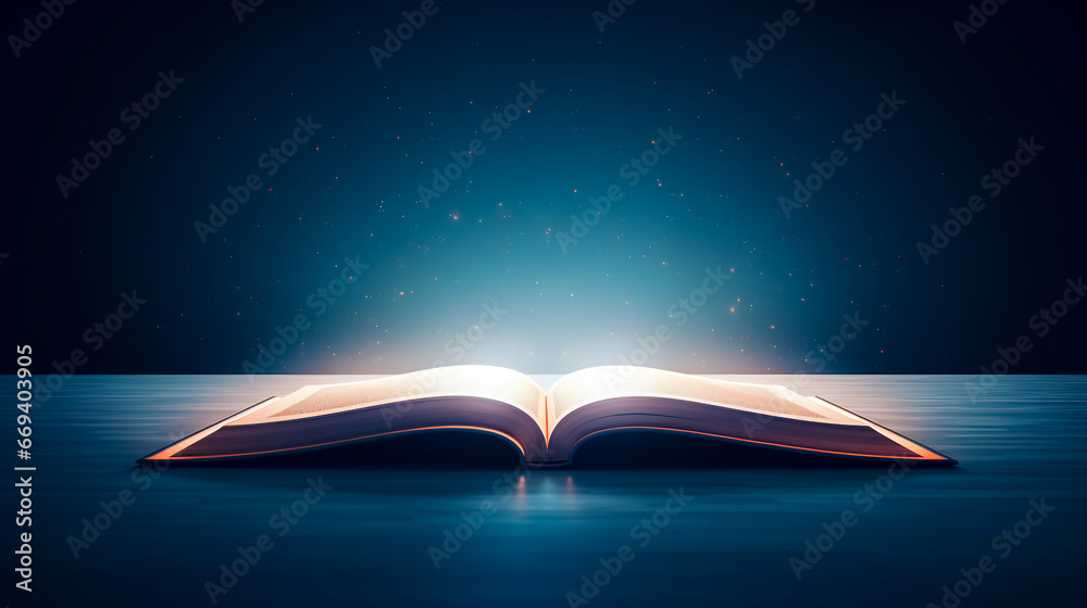An open magic book with bright sparkling light rays. - obrazy, fototapety, plakaty 