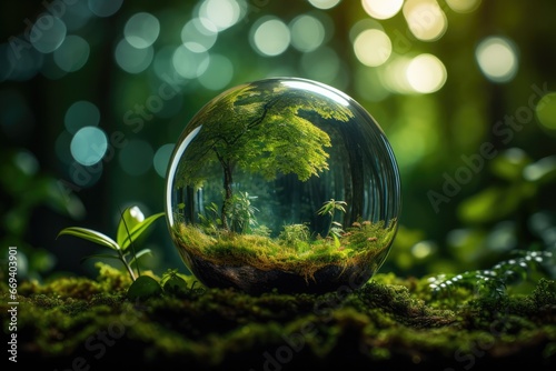 Symbolic Glass Globe Surrounded By Lush Forest, Conveying Sustainability