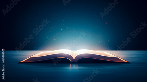 Foto An open magic book with bright sparkling light rays.