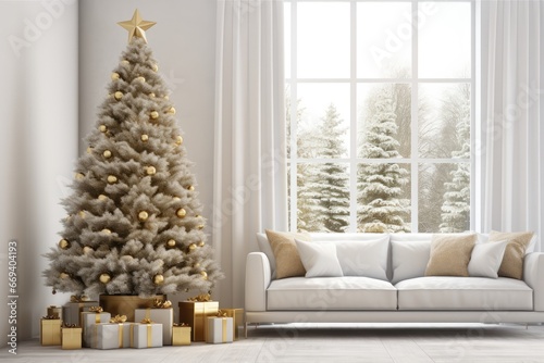 White And Gold Christmas Living Room With Blurred Window