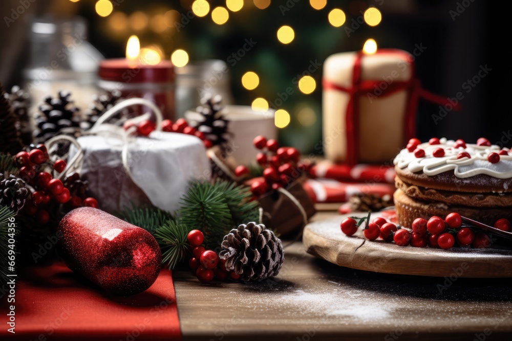 Wooden Table With Christmas Theme In Background Wooden Table With Christmas Theme In Background