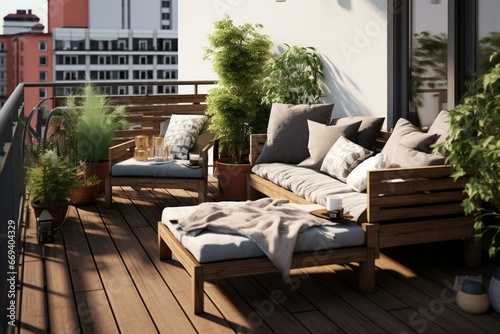 Outdoor furniture arrangement on house balcony. Generative AI