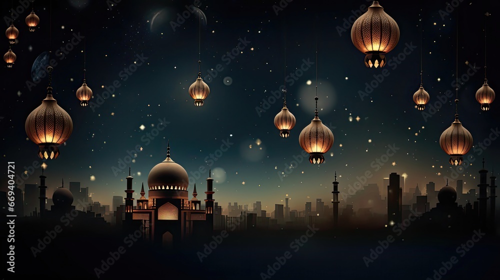 Moon stars and lamps hanging against multiple mosque Moon stars and lamps hanging against multiple mosque