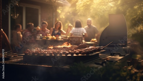 A group of friends gather around a backyard barbecue, immersed in warm golden sunlight, epitomizing moments of joy and togetherness. Ideal for family, food, or summer event promotions.