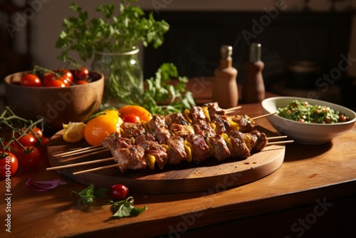 Delicious juicy kebab on a wooden cutting board on the rustic table. Beef pork veal shish