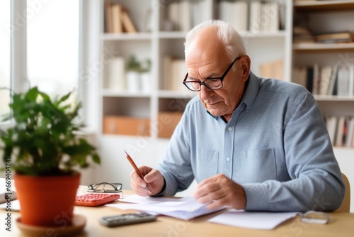 Old man in glasses meticulously inspecting tiny numbers in dedication to understanding the financial situation. Pensioner sitting at desk and examine financial statements.