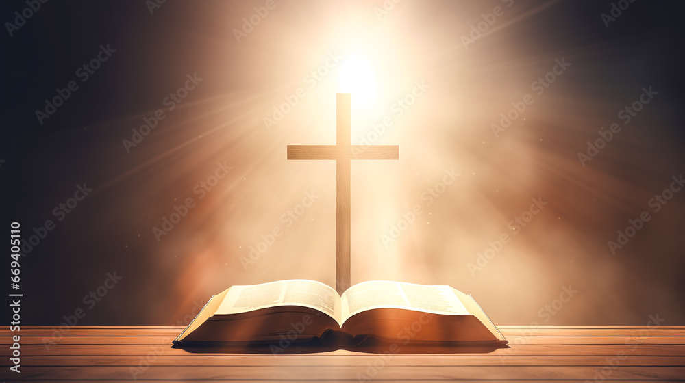 Opened holy Bible on a wooden desk with a glowing cross.