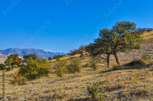 scenic hills in Chirchiq river valley with Ugam ridge views near Karanul village (Tashkent region, Uzbekistan)