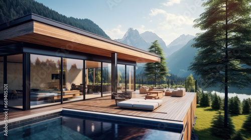 Architecture modern design, glass house with patio. Expensive house with mountain views. © Nataliya