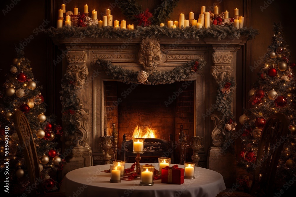 Cozy Christmas fireplace with candles. AI generated