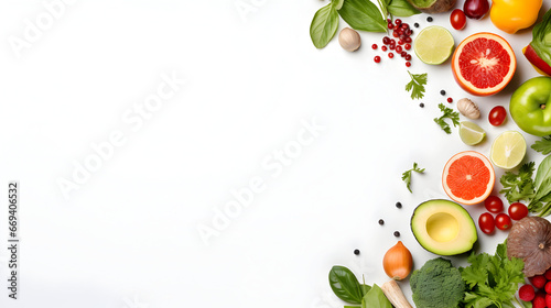 A white background advertising banner with plenty of space to write  Healthy living background with fruits and vegetables 