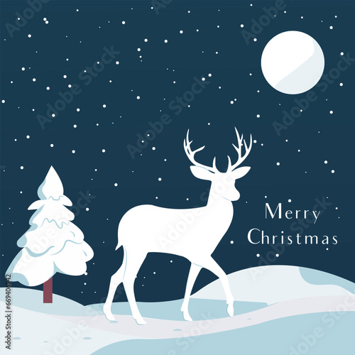 Vector flat illustration  silhouette of a deer in a winter snowy forest. Christmas greeting card template  banner for social networks and more. Modern design. 