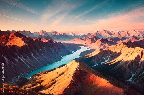 Desert mountains landscape, sunset over the mountains and river, atmospheric and epic nature, Generative AI