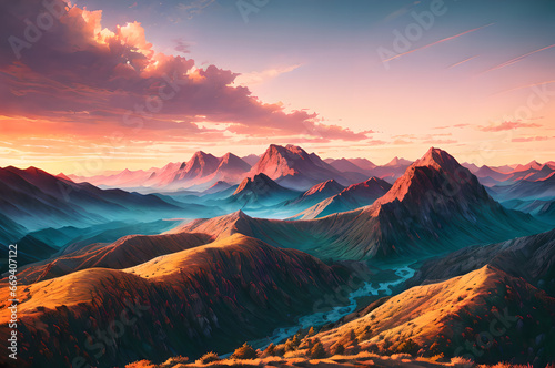 Desert mountains landscape  sunset over the mountains and river  atmospheric and epic nature  Generative AI