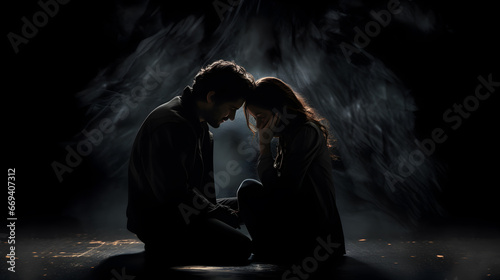 Young couple - a man and woman sitting on a floor, hopeless and depressed against a textured, cracked wall. photo