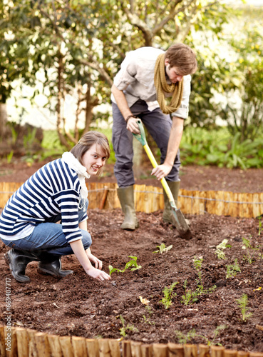 Portrait, woman and plant in soil for vegetable garden with man for natural, organic or fresh produce. People, friends and looking at you for sustainable development, eco farming or growth for future