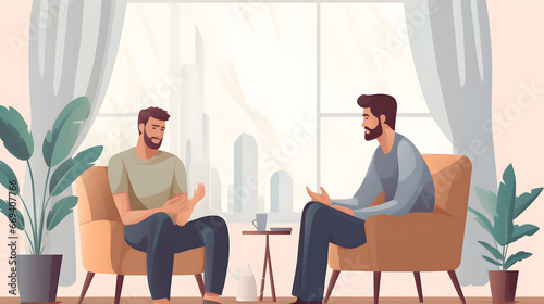 Illustrative artwork of a therapy session, featuring a man discussing emotions with a professional counselor in a serene, modern room setting.