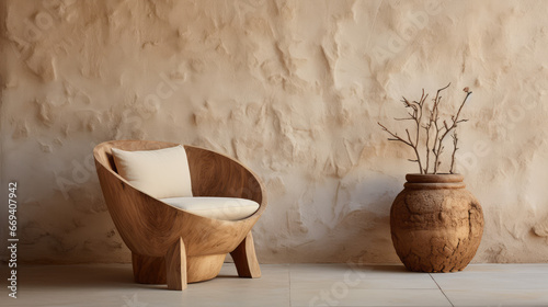 Rustic wooden chair with fabric cushion and t ball end table against sand stone wall photo