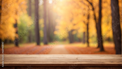 empty wood desk with blurred background of autumn forest