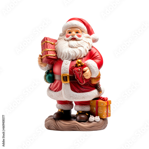 Figurine of Santa Claus with presents. Isolated on transparent background.  