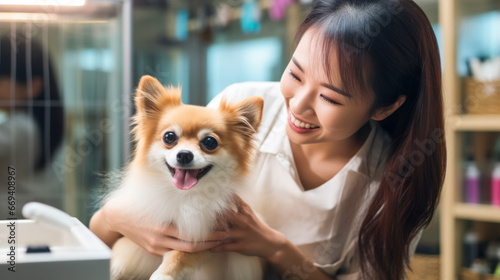 A Portrait of Female professional groomer at pet spa grooming salon