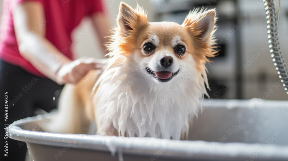 close up of woman bathing dog in grooming saloon