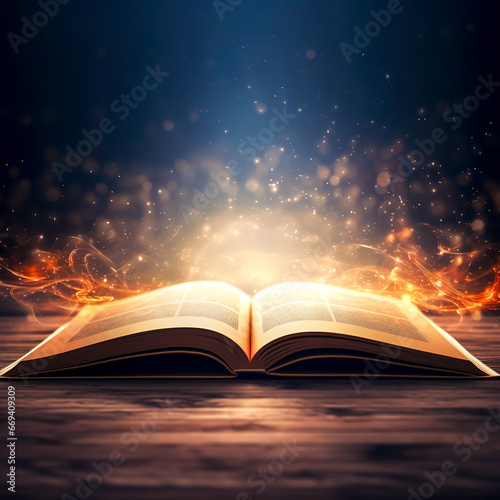 Magic book, lights coming from an open book.