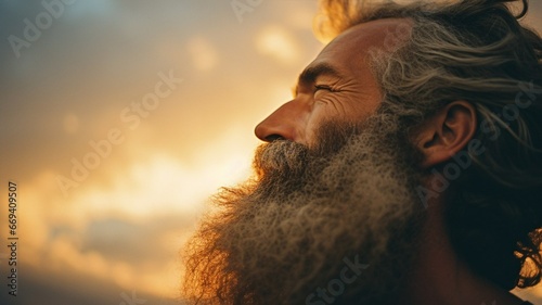 Man with big beard looking at sunset photo