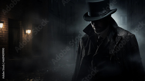 A Man Wearing a Top Hat and a Trench Coat Standing in a Dark Foggy Alley photo