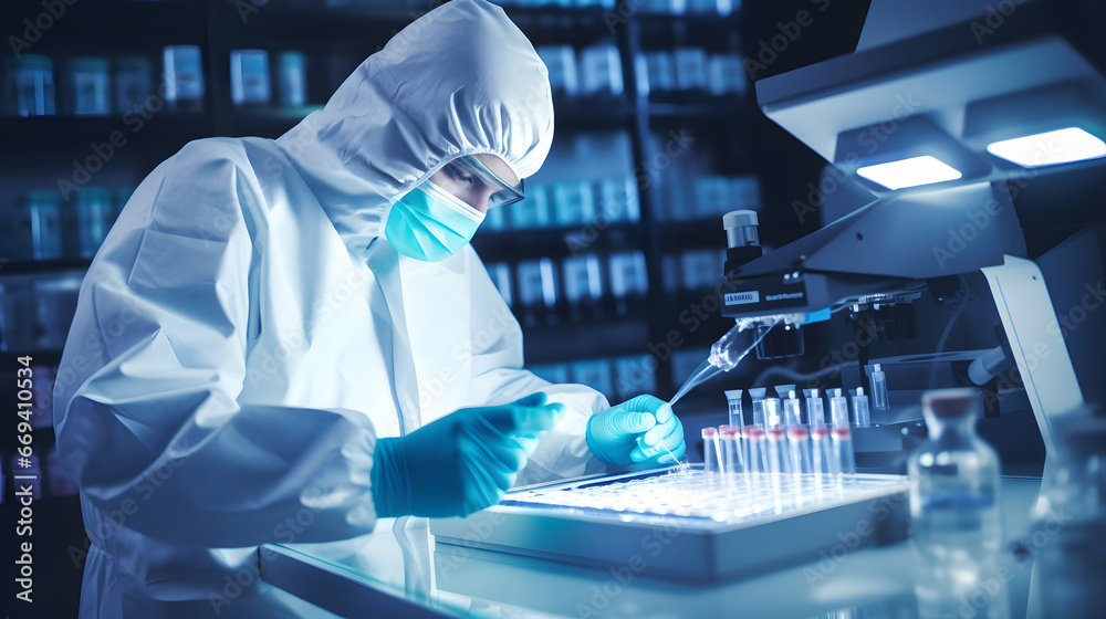 Bacteriologist works in a laboratory with dangerous viruses in test tubes. Healthcare importance concept Bacteriologist works in a laboratory with dangerous viruses in test tubes. Healthcare importance concept