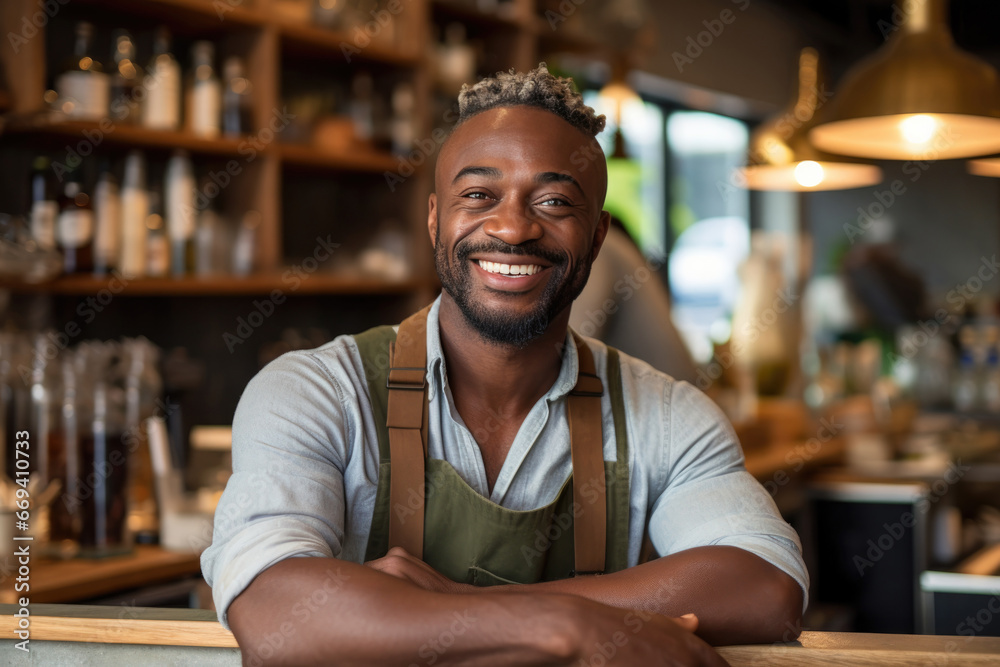 Handsome african barista in apron is looking at camera and smiling while leaning on the bar counter in cafe Handsome african barista in apron is looking at camera and smiling while leaning on the bar counter in cafe