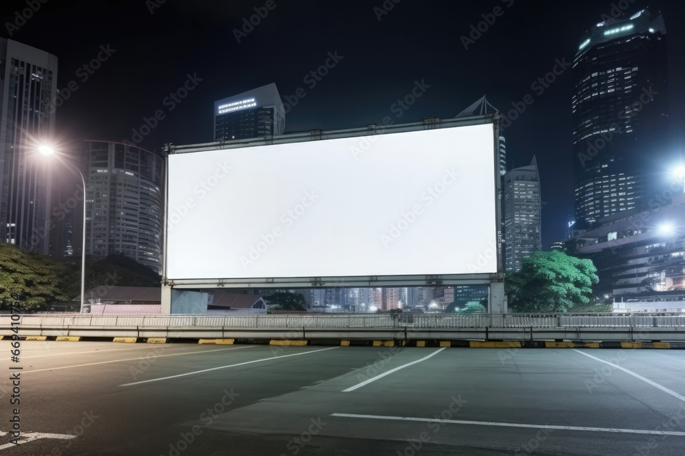 Blank billboard ready for new advertisement in city with skyscrapers, night time