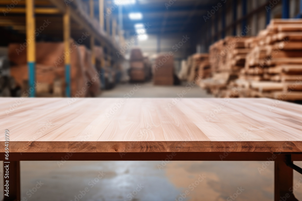 empty wooden table against the background of a woodworking plant