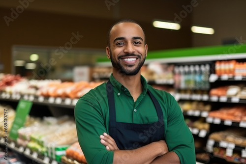 Young african male grocery store assistant with crossed arms in supermarkt, smiling at camera