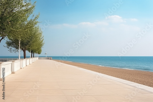 empty beach and beautiful sea view from seaside promenade with trees © ty