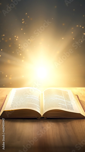 An open magic book with bright sparkling light rays.