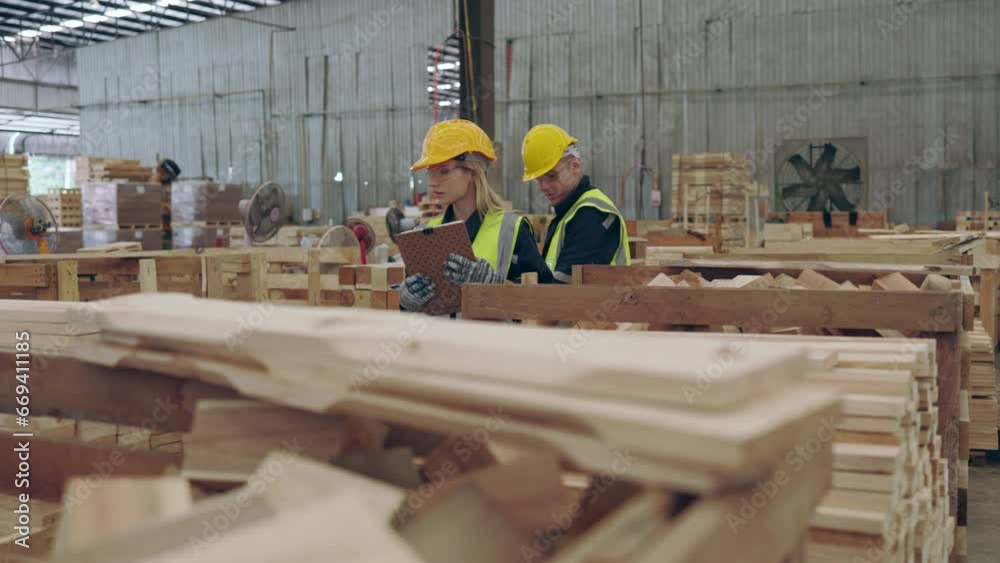 Caucasian Duo Evaluating Lumber Quality in Spacious Warehouse Caucasian Duo Evaluating Lumber Quality in Spacious Warehouse