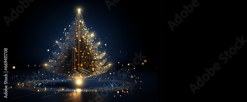 Technology themed electronic sparkling Christmas tree with circuit board elements, copy space