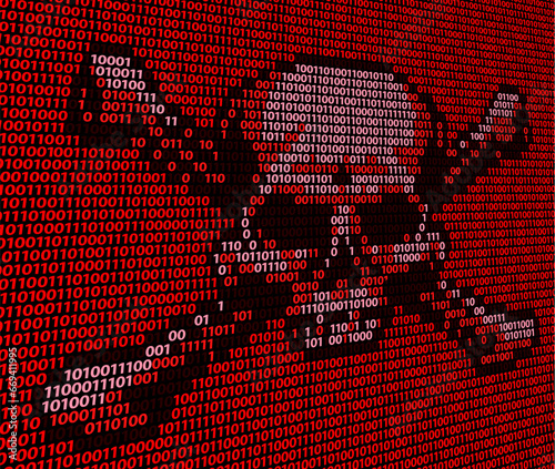 Skull and crossed bones danger or piracy sign made up of binary ones and zeros computer code. Concept for online piracy, hacking, internet fraud or similar threats.