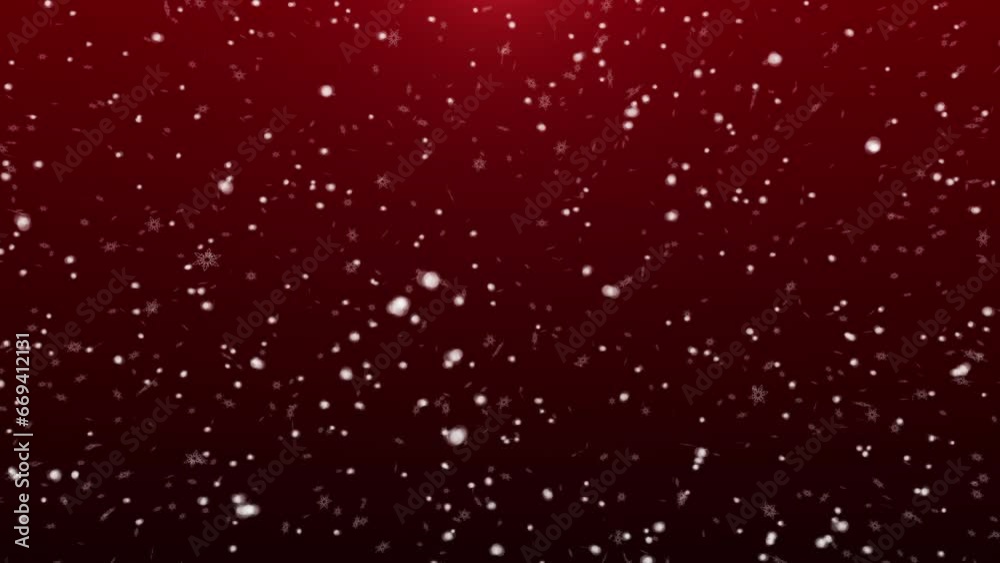 Snow in the face. Snowflakes and flakes of snow. Red background. Abstract christmas animation.