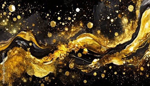 Golden sparkling glitters abstract background, luxury black acrylic paint