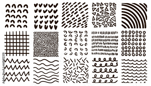 Set of graphic abstract textures, hand drawn doodles, waves, zigzags, dots, stripes. Vector illustration.
