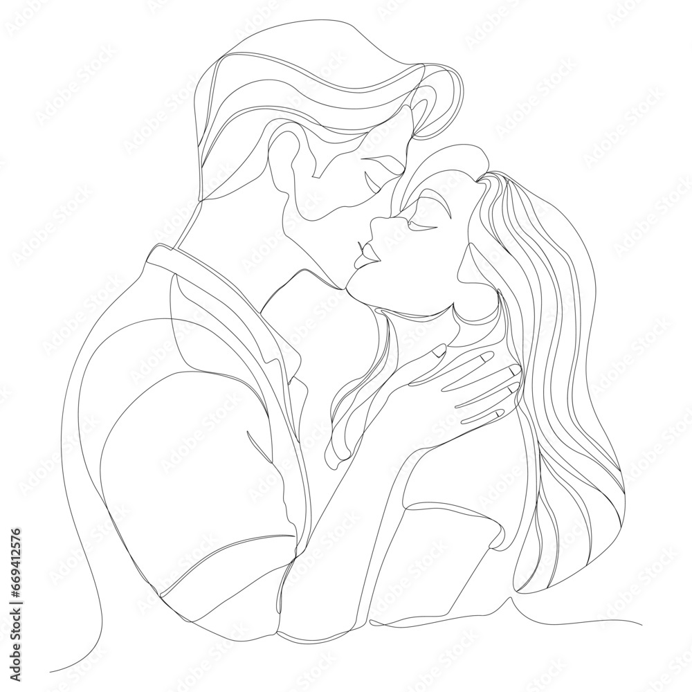 Love couple line art. Minimalist man and woman faces, continuous linear kiss drawing, minimal fine line tattoo. Vector illustration