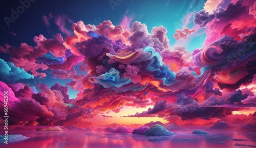 3d render, abstract fantasy background of colorful sky with neon clouds generative AI