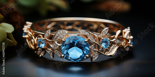 Brillianter Diamant Ring mit vielen blauen Saphir Steinen und wunderschönem Design im Querformat für Banner, ai generativ