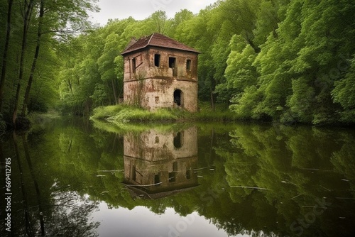 Reflection of an ancient mill on a serene lake. Generative AI