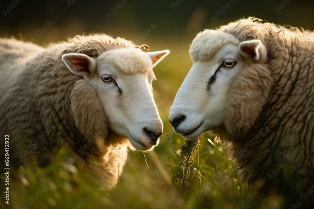 Two sheep grazing in a field up close. Generative AI